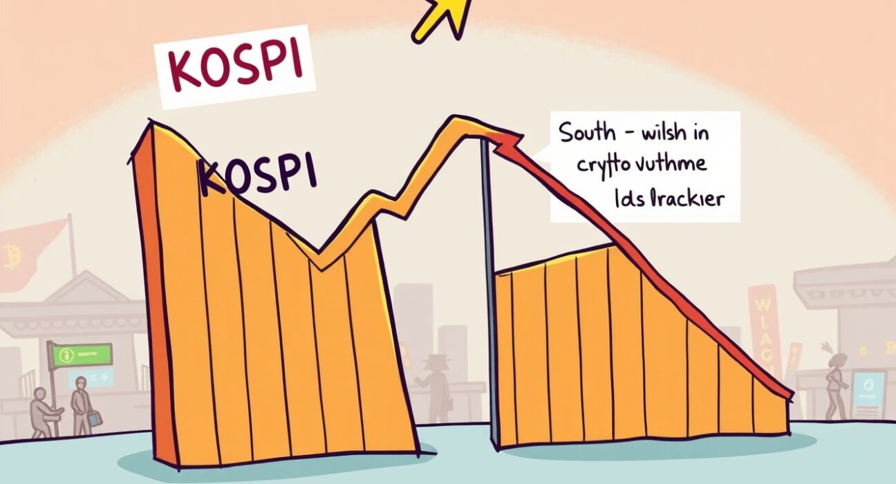 A cartoon illustrating the sharp decline in South Korea crypto trading volume contrasted with the soaring KOSPI market.