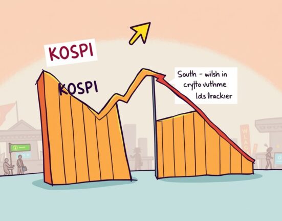 A cartoon illustrating the sharp decline in South Korea crypto trading volume contrasted with the soaring KOSPI market.
