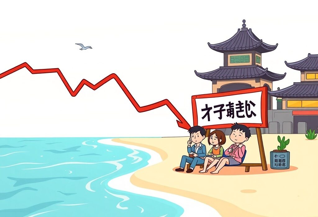 Cartoon showing a significant drop in South Korea crypto volume during a summer vacation, with relaxed traders.