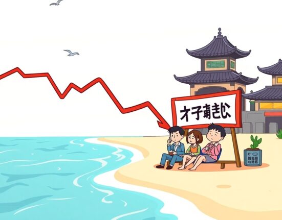 Cartoon showing a significant drop in South Korea crypto volume during a summer vacation, with relaxed traders.
