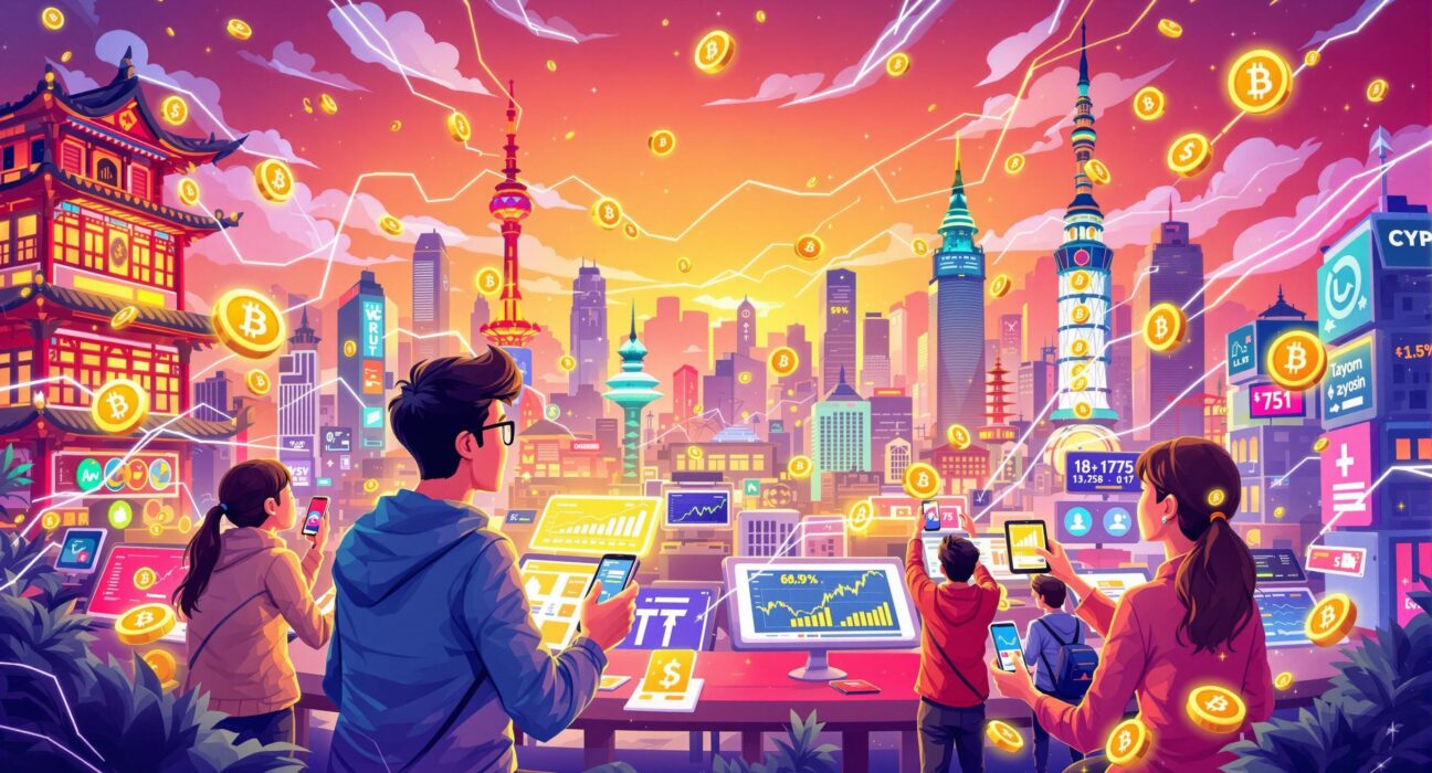 A dynamic illustration showing the astonishing surge in South Korea crypto volume, with enthusiastic retail investors actively trading digital assets.