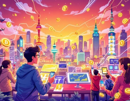 A dynamic illustration showing the astonishing surge in South Korea crypto volume, with enthusiastic retail investors actively trading digital assets.