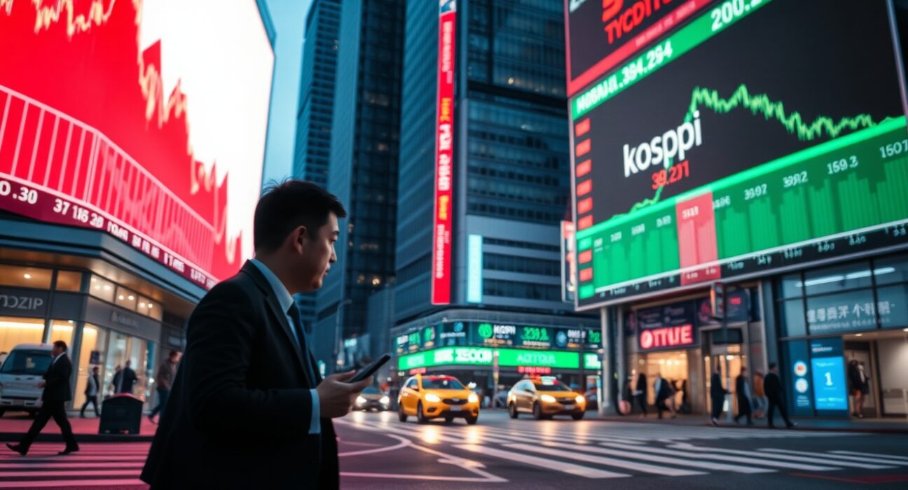 Seoul street scene with digital billboards showing contrasting cryptocurrency and stock market charts