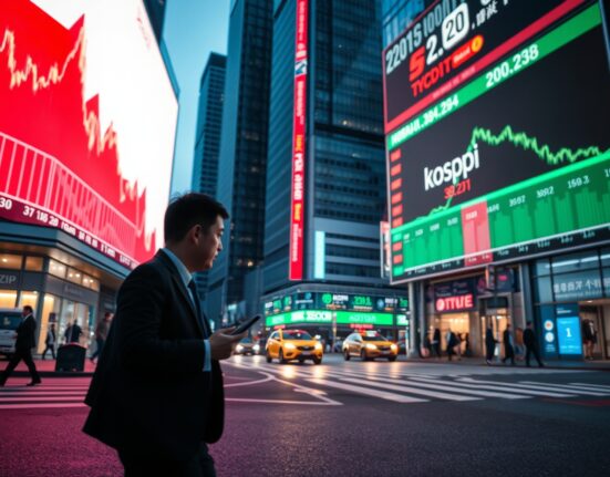 Seoul street scene with digital billboards showing contrasting cryptocurrency and stock market charts