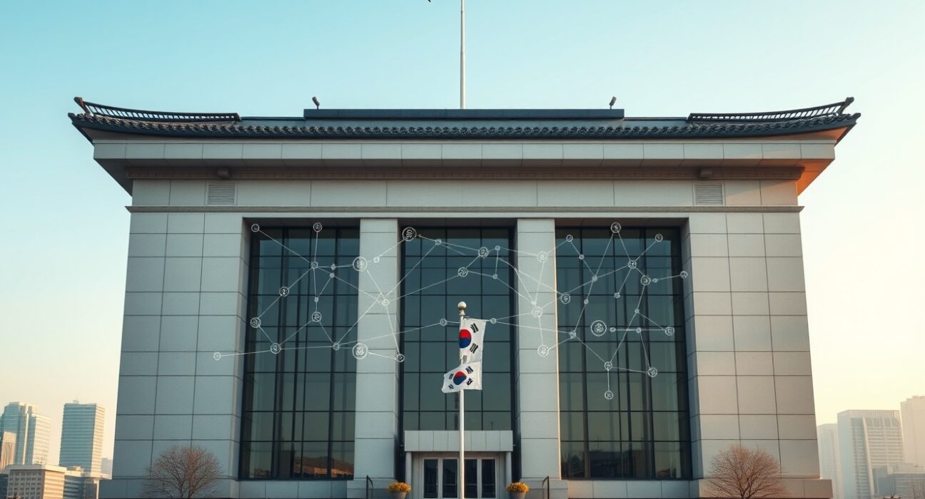 South Korea's proposed crypto watchdog agency building with digital blockchain elements representing virtual asset regulation.