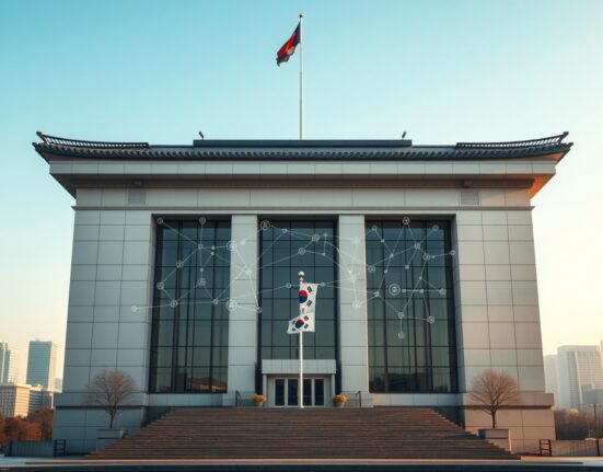 South Korea's proposed crypto watchdog agency building with digital blockchain elements representing virtual asset regulation.