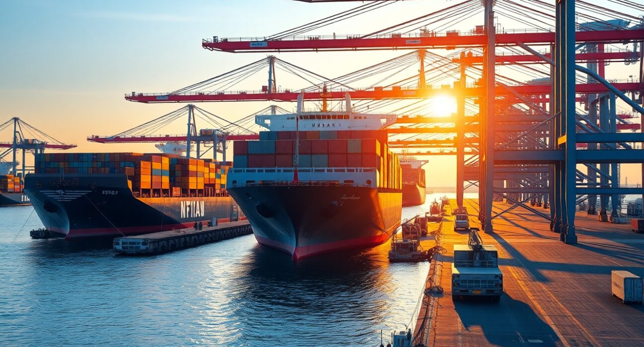 Container ships at Busan Port, South Korea, representing strong export activity and trade surplus growth in May.