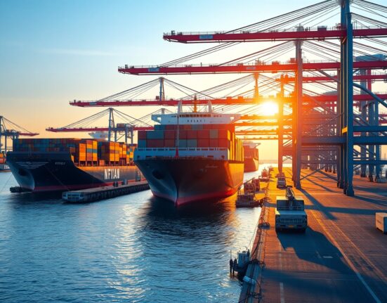 Container ships at Busan Port, South Korea, representing strong export activity and trade surplus growth in May.