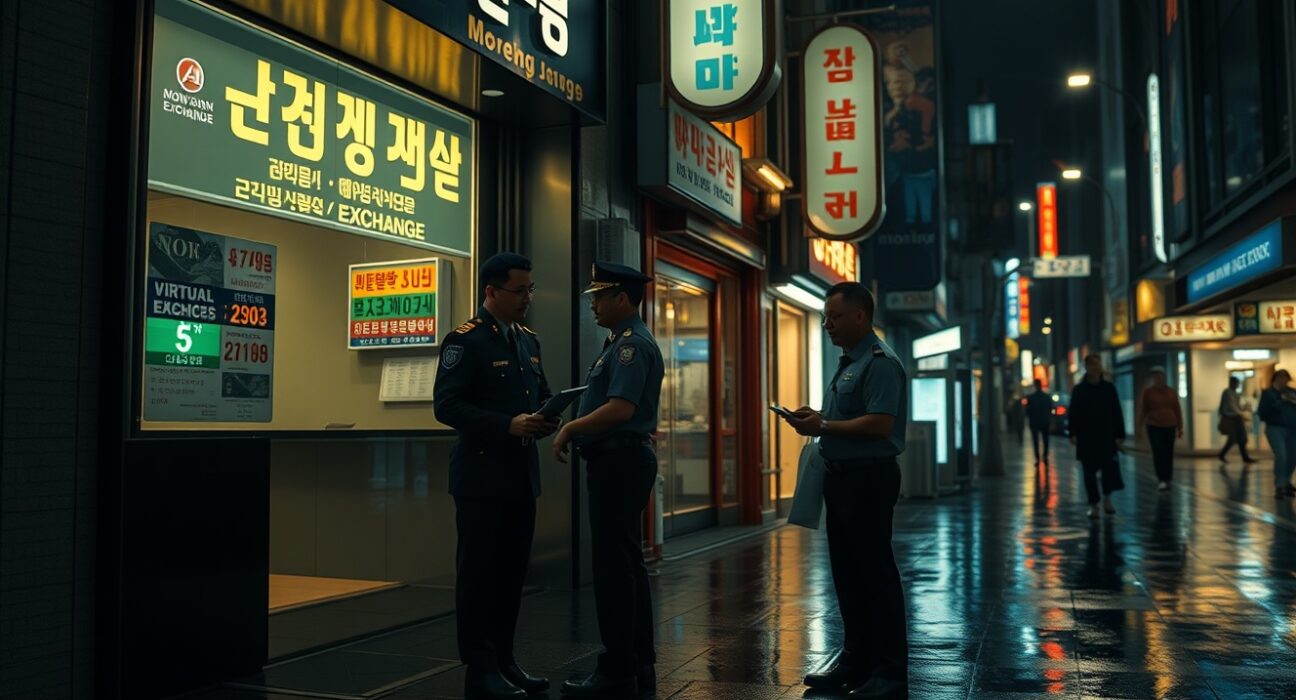 South Korean customs officers inspecting a money exchange shop in Seoul during a crackdown on illegal virtual asset transactions.