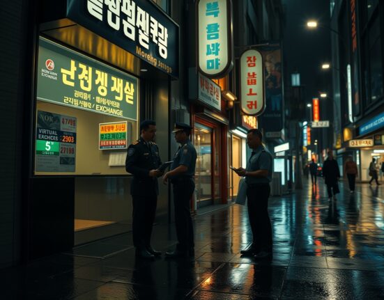 South Korean customs officers inspecting a money exchange shop in Seoul during a crackdown on illegal virtual asset transactions.