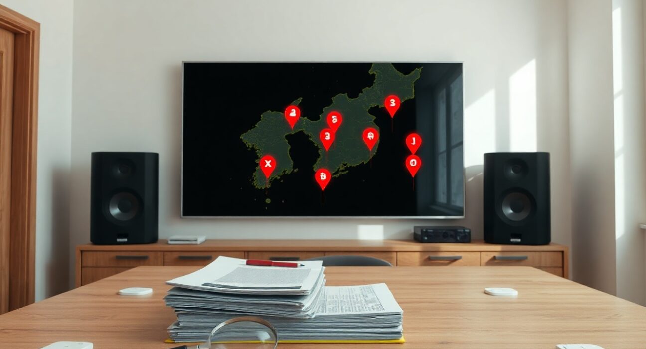 Investigative scene showing digital map of South Korea with markers for illegal crypto exchanges on a screen in a modern office.