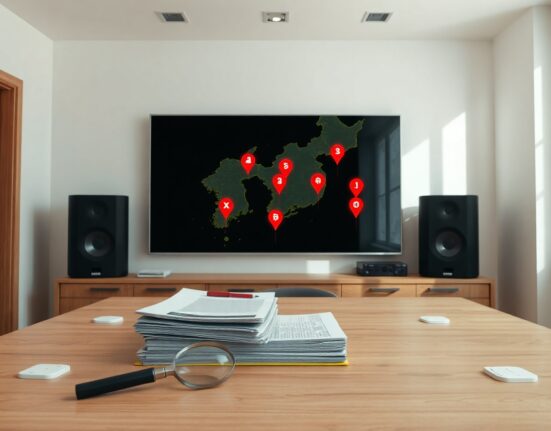 Investigative scene showing digital map of South Korea with markers for illegal crypto exchanges on a screen in a modern office.