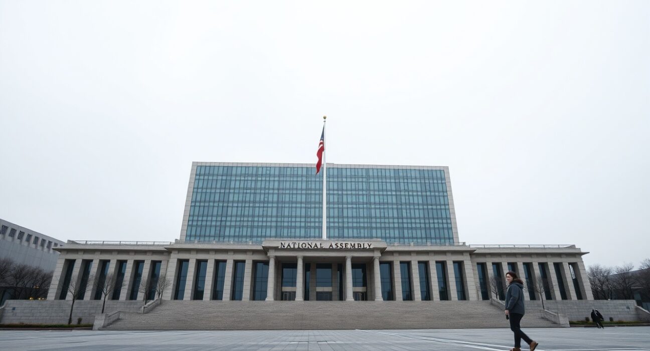 South Korean National Assembly building exterior under overcast sky