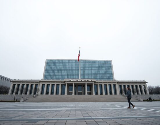 South Korean National Assembly building exterior under overcast sky