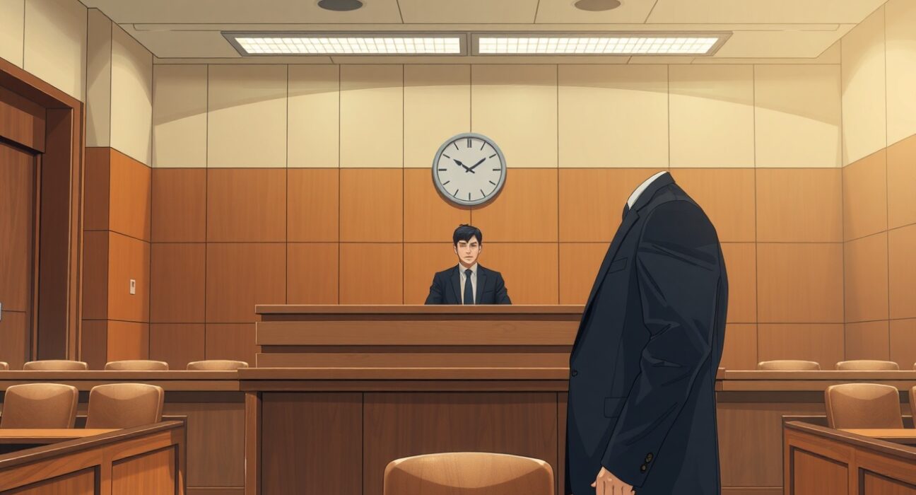 Courtroom scene with Delio CEO Jeong Sang-ho standing before a judge in South Korea