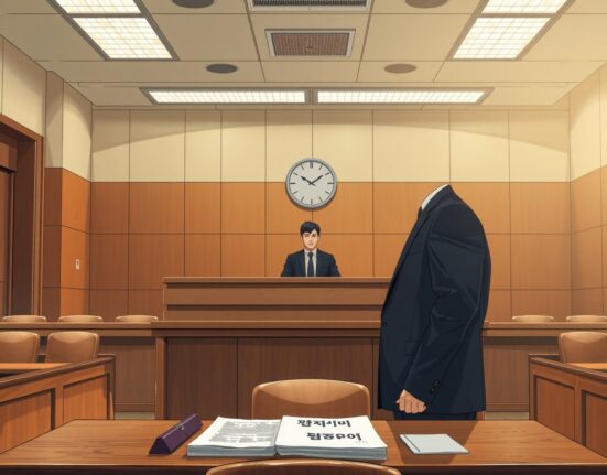 Courtroom scene with Delio CEO Jeong Sang-ho standing before a judge in South Korea