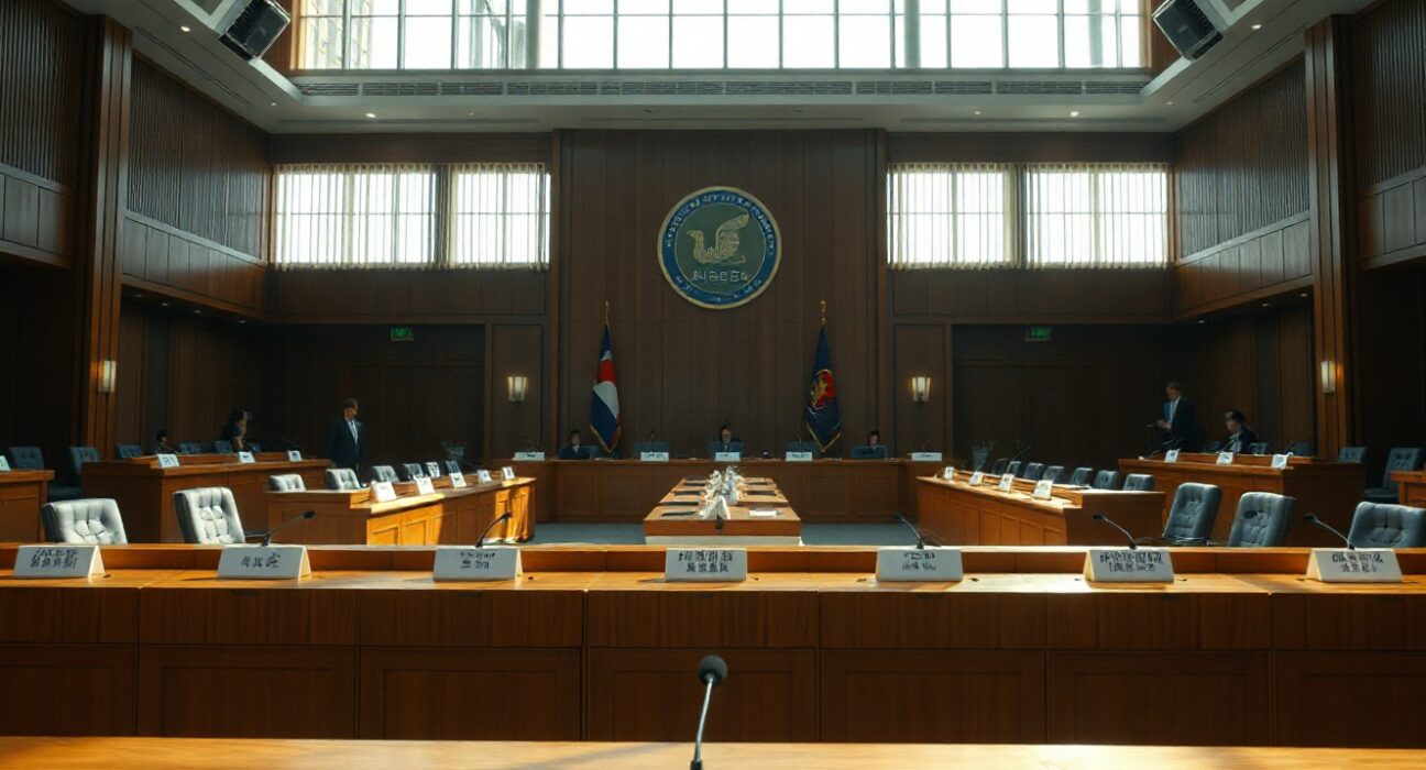 Empty committee meeting room in South Korea's National Assembly with desks and microphones