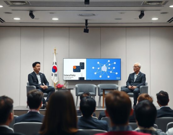 Seminar room in Seoul with South Korean lawmakers and Solana policy experts discussing digital asset legislation.