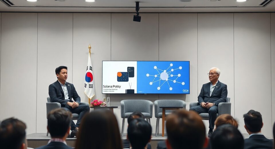 Seminar room in Seoul with South Korean lawmakers and Solana policy experts discussing digital asset legislation.