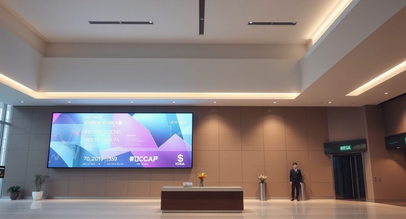 Modern bank lobby in Seoul with digital screen displaying financial data and won symbol.