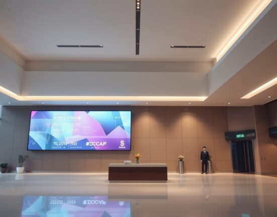 Modern bank lobby in Seoul with digital screen displaying financial data and won symbol.