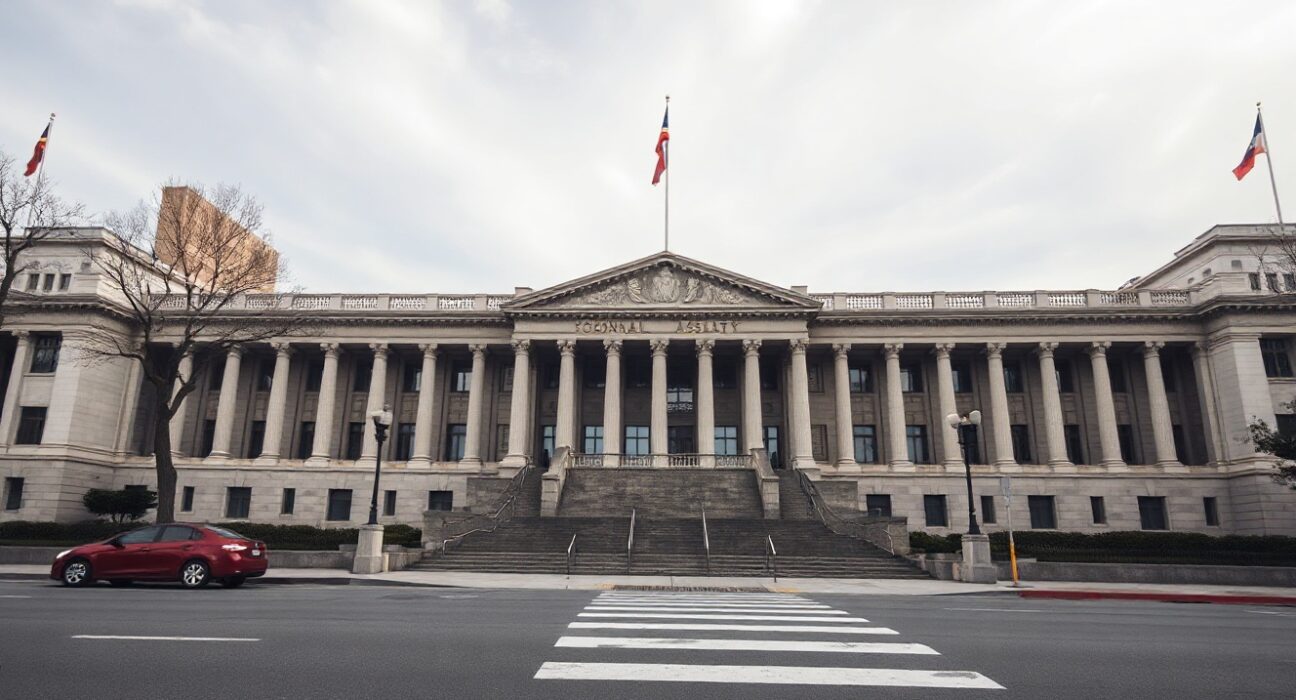 South Korea National Assembly building in Seoul under overcast sky, symbolizing legislative delay for the Digital Asset Basic Act.
