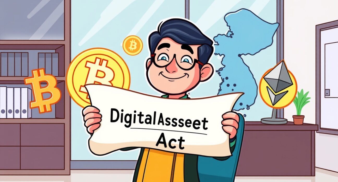 A vibrant cartoon illustrating South Korea's push for the Digital Asset Basic Act, showing progress in crypto regulation.