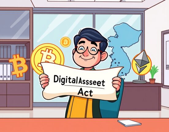 A vibrant cartoon illustrating South Korea's push for the Digital Asset Basic Act, showing progress in crypto regulation.