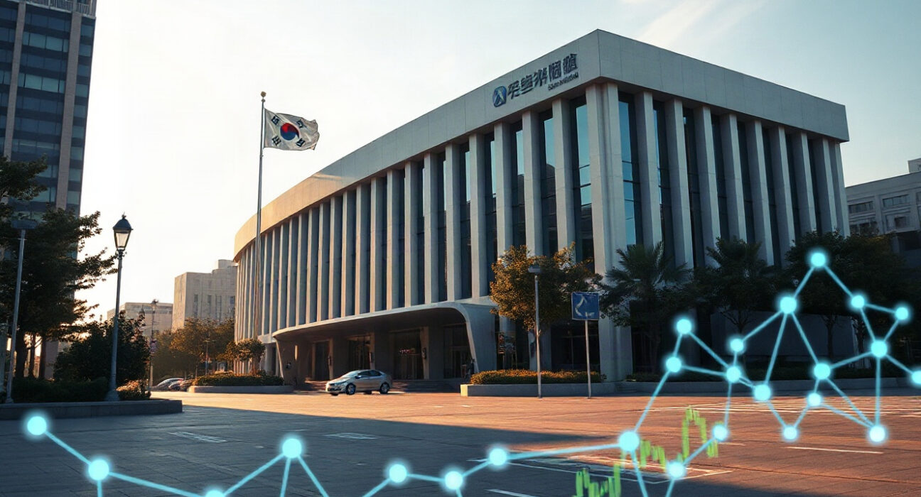South Korea's Financial Services Commission building in Seoul, with digital asset regulation imagery