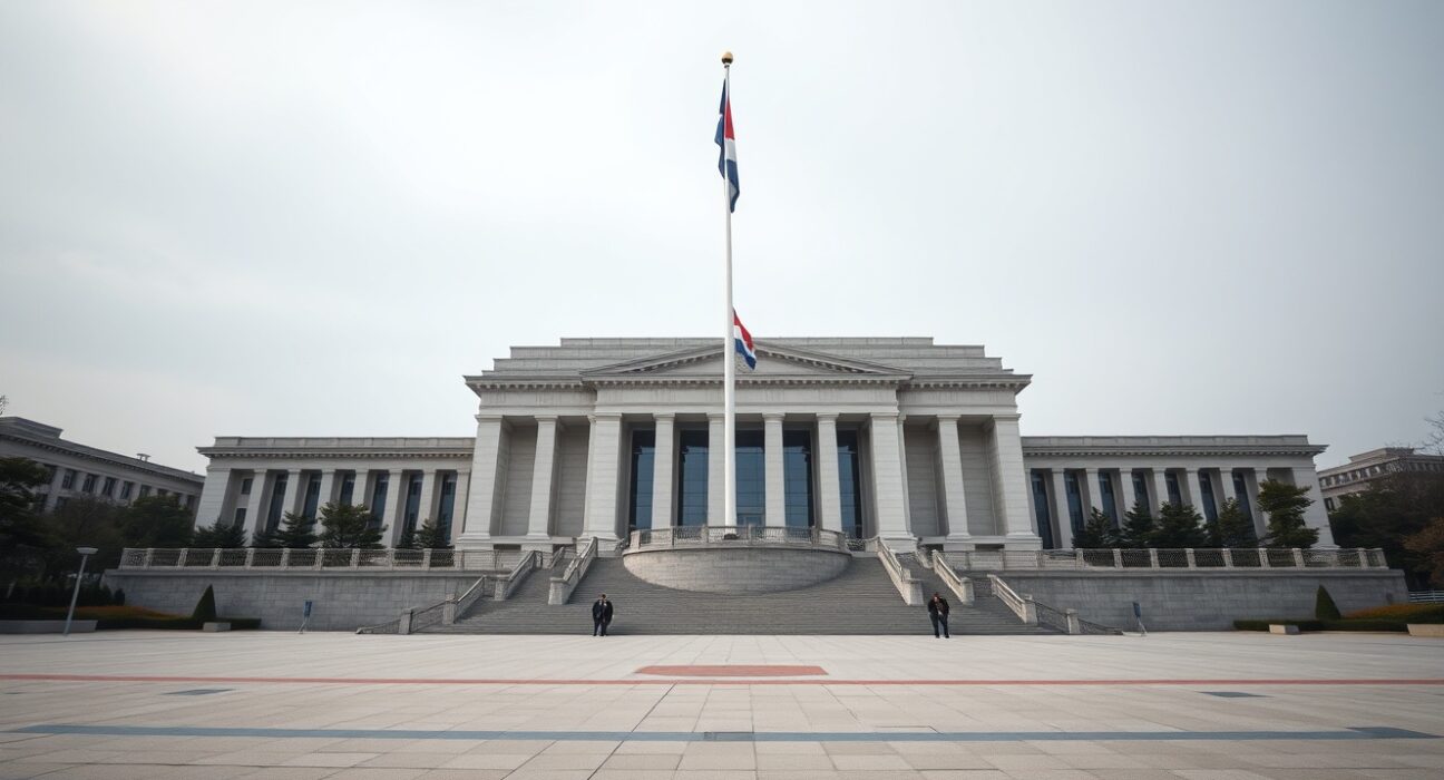 Exterior view of the South Korean National Assembly building on a cloudy day