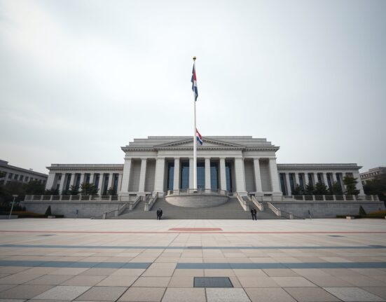 Exterior view of the South Korean National Assembly building on a cloudy day