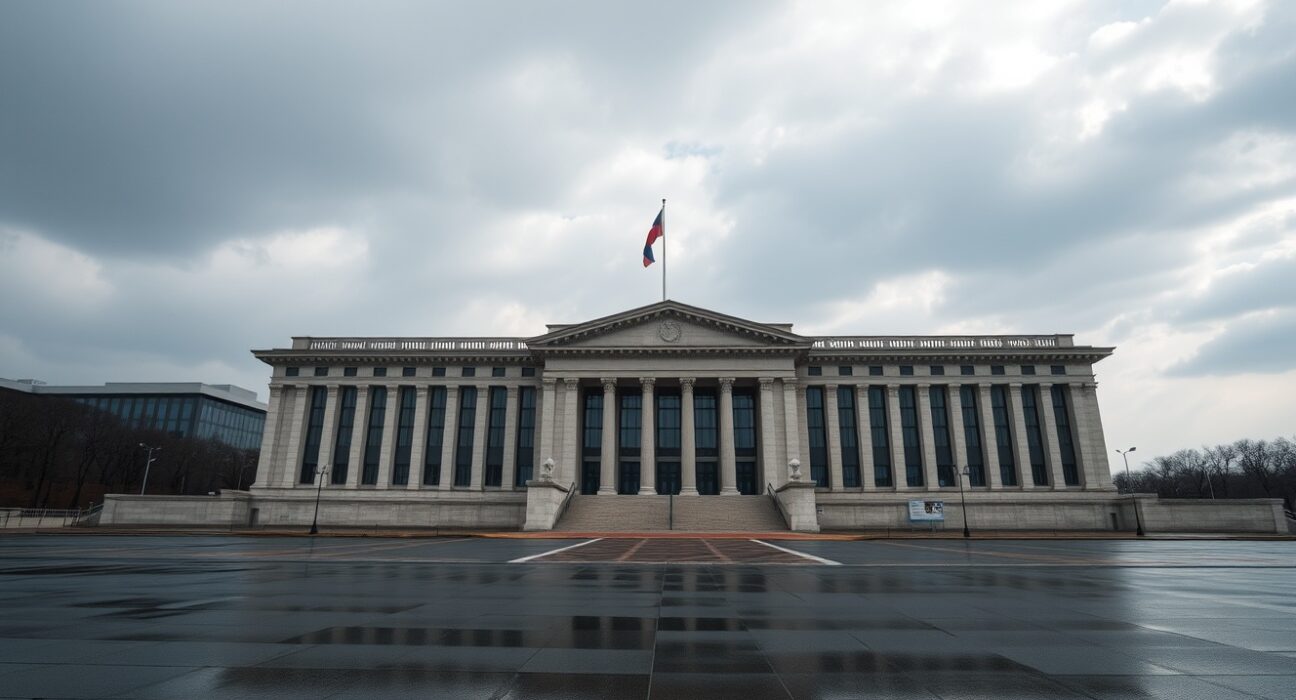 South Korea National Assembly building in Seoul on a cloudy day, representing legislative uncertainty over cryptocurrency regulation.