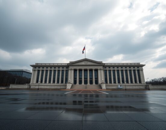 South Korea National Assembly building in Seoul on a cloudy day, representing legislative uncertainty over cryptocurrency regulation.