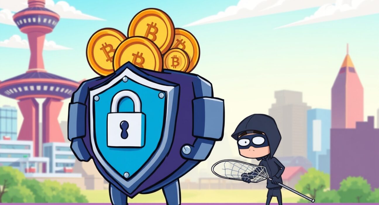 A cartoon shield protecting digital coins, illustrating South Korea's new Digital Financial Security Act against crypto hacks.