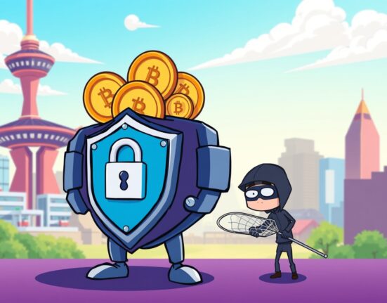 A cartoon shield protecting digital coins, illustrating South Korea's new Digital Financial Security Act against crypto hacks.