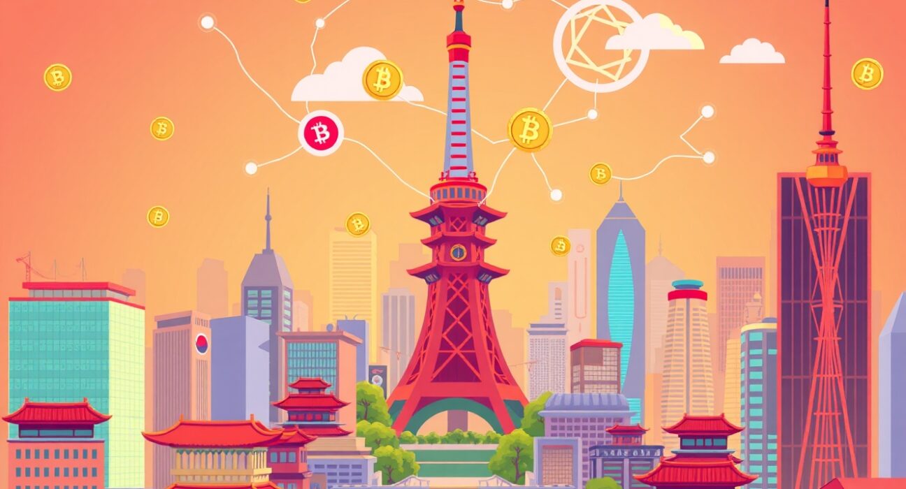 A vibrant cartoon illustrating South Korea's revolutionary shift towards allowing domestic ICOs, blending traditional and digital finance.