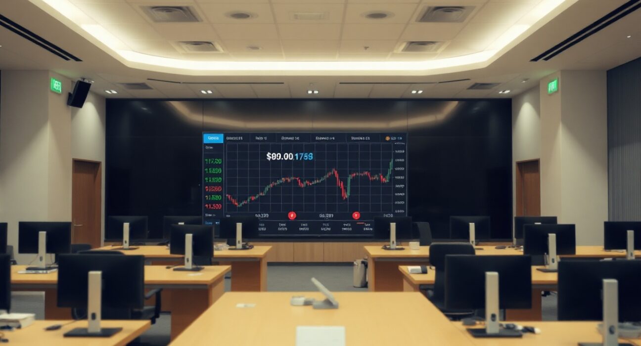 Digital trading screen showing Korean won and US dollar transaction data in a modern office setting.