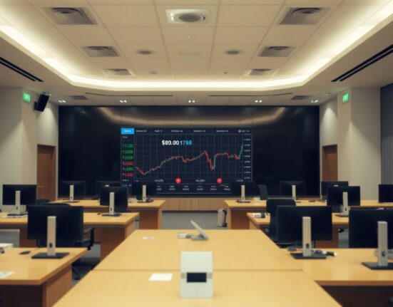 Digital trading screen showing Korean won and US dollar transaction data in a modern office setting.