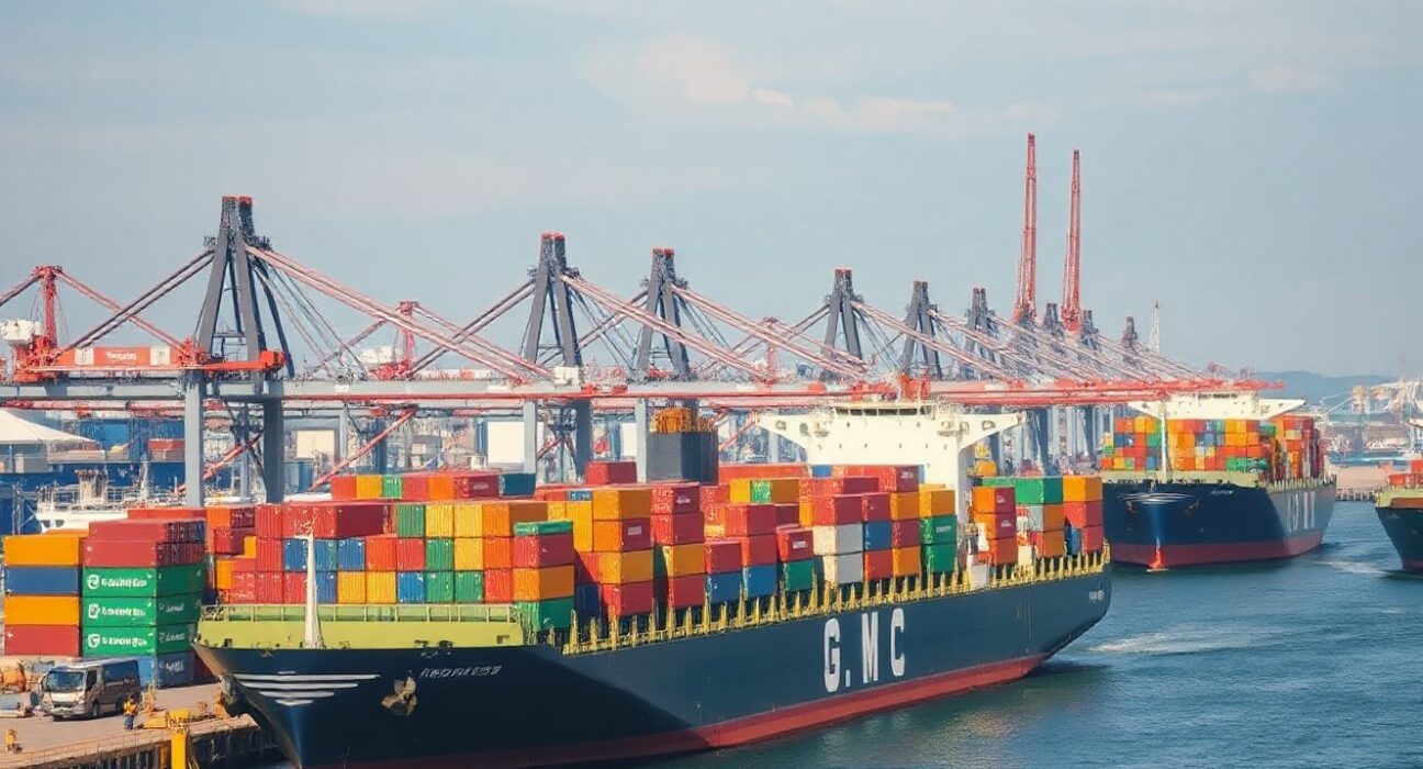 Container ships at Busan Port, South Korea, reflecting strong export activity.