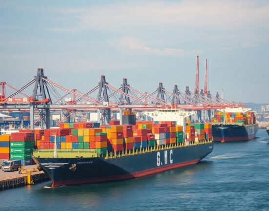 Container ships at Busan Port, South Korea, reflecting strong export activity.