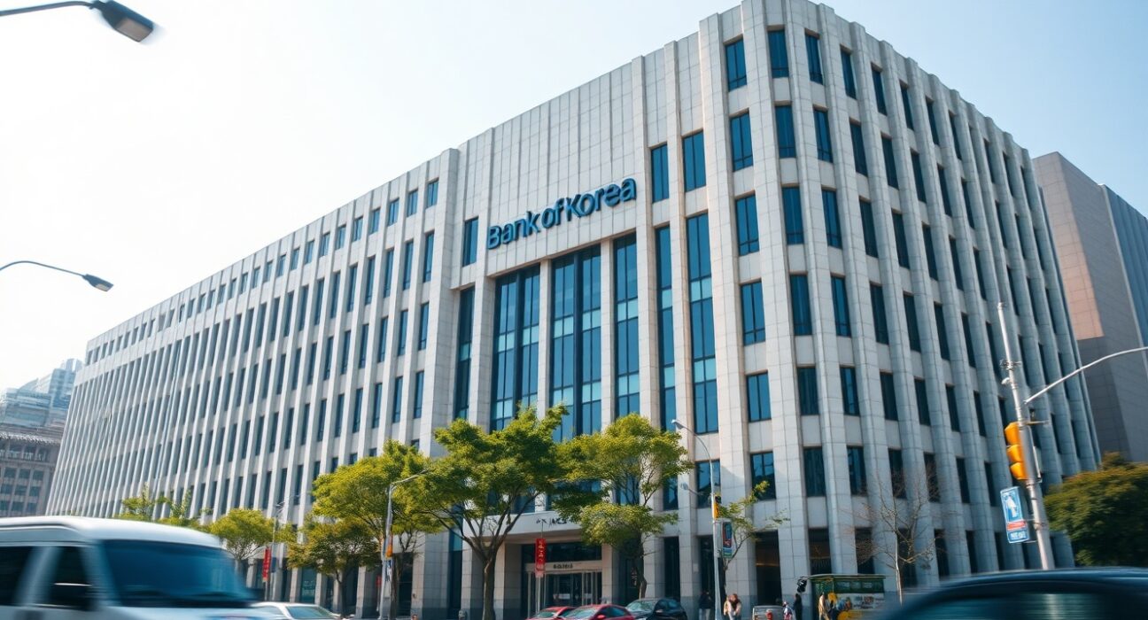 Bank of Korea headquarters in Seoul on a clear day, representing South Korea's monetary policy.
