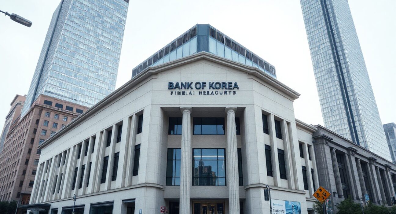 Bank of Korea headquarters in Seoul, South Korea, on a clear day.