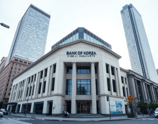 Bank of Korea headquarters in Seoul, South Korea, on a clear day.