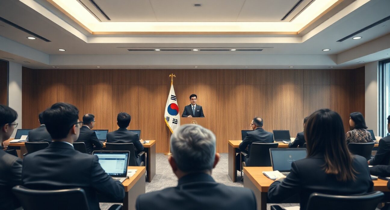 South Korean lawmaker speaking at a policy event about won stablecoin regulation in Seoul.