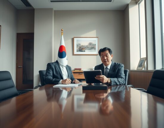 Two officials in a meeting room in Seoul discussing cryptocurrency regulation documents on a tablet.