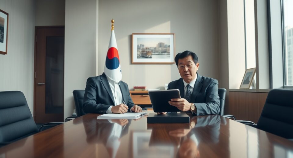 Two officials in a meeting room in Seoul discussing cryptocurrency regulation documents on a tablet.