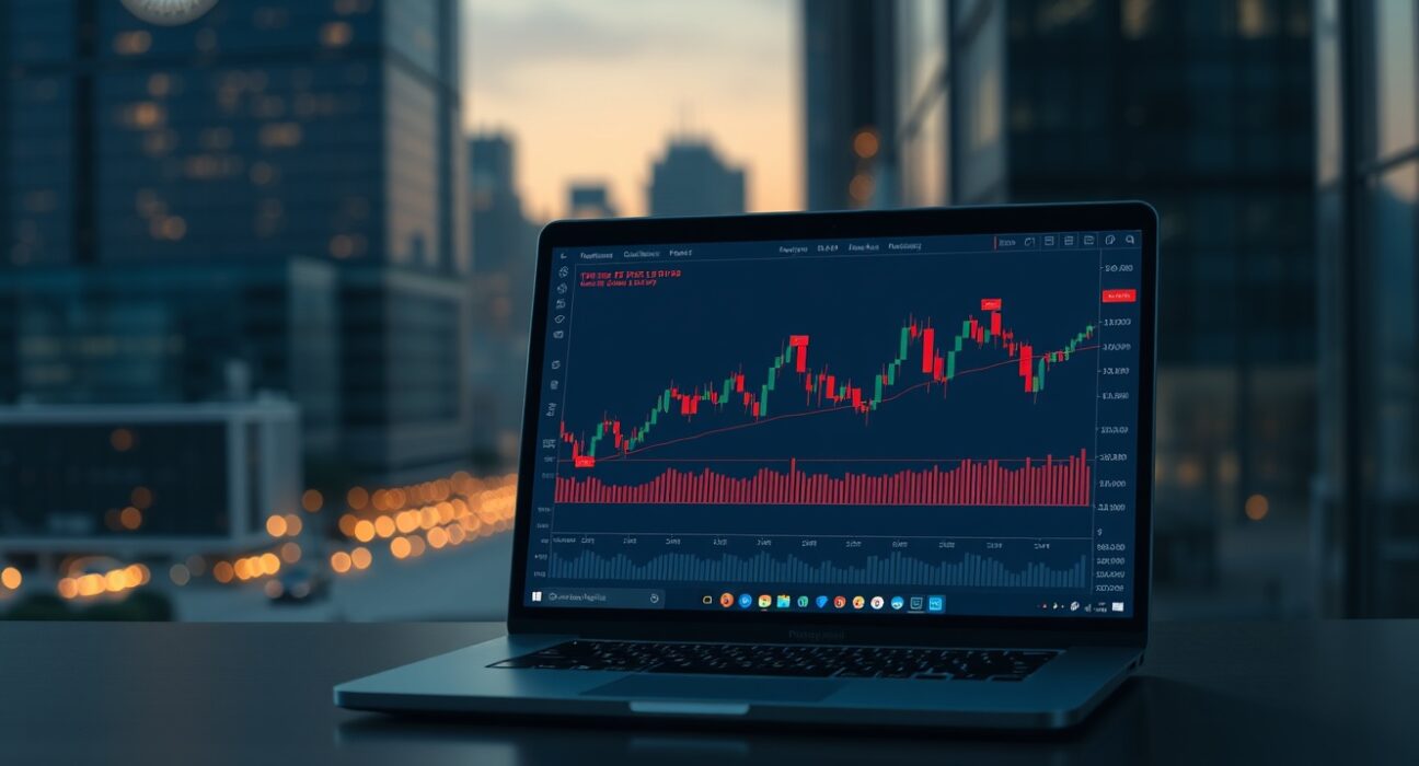 Laptop showing cryptocurrency trading chart with red flags on a desk in a modern South Korean financial district at dusk.