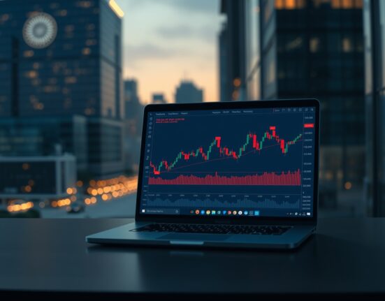 Laptop showing cryptocurrency trading chart with red flags on a desk in a modern South Korean financial district at dusk.