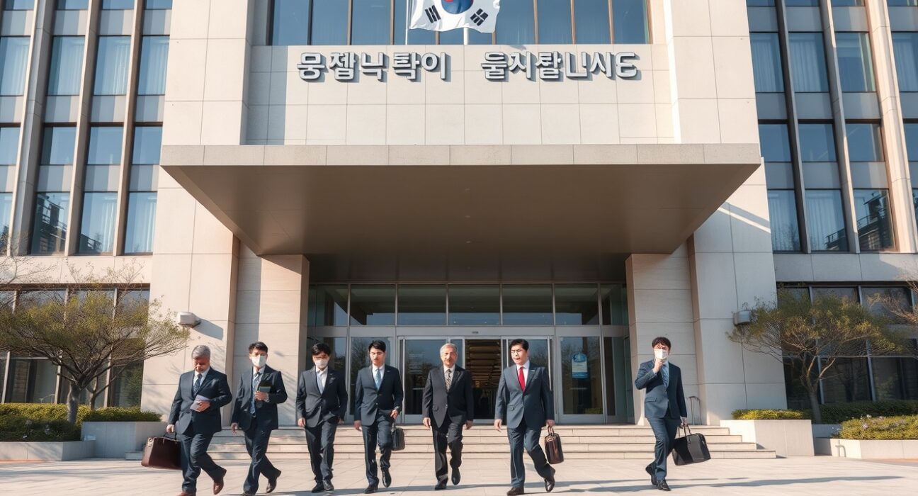 Officials walking toward the National Assembly Members' Office Building in Seoul for a briefing on the stablecoin bill.