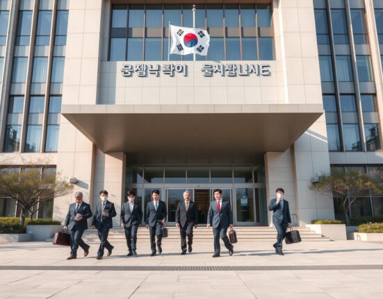 Officials walking toward the National Assembly Members' Office Building in Seoul for a briefing on the stablecoin bill.